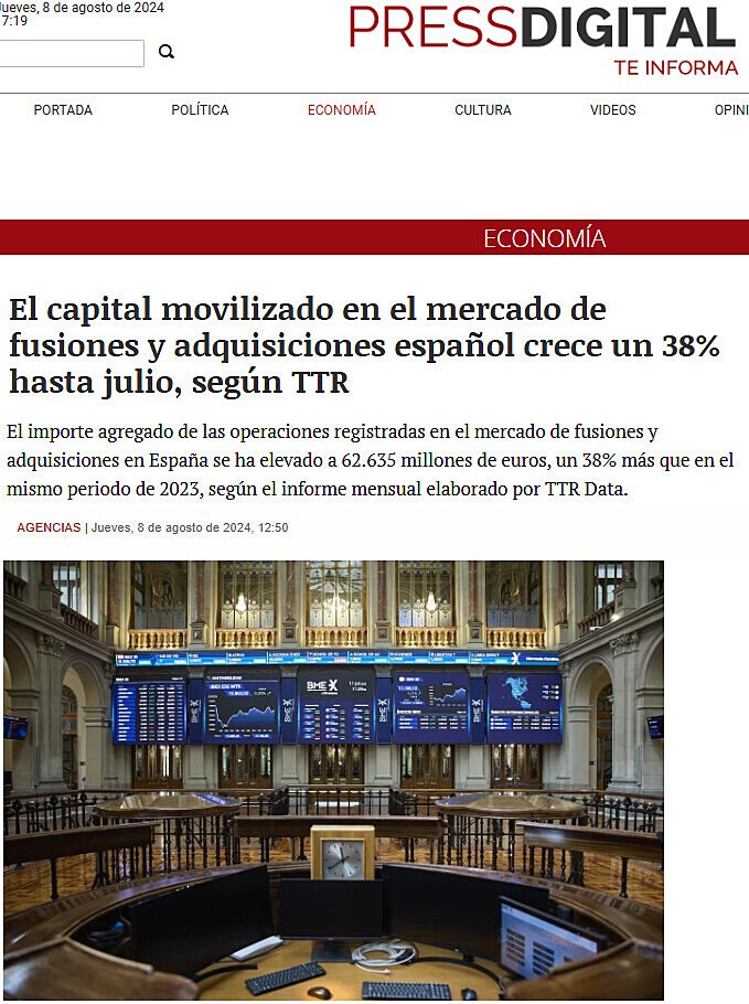 El capital movilizado en el mercado de fusiones y adquisiciones espaol crece un 38% hasta julio, segn TTR